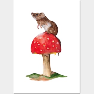 Watercolor - Mouse on mushroom Posters and Art